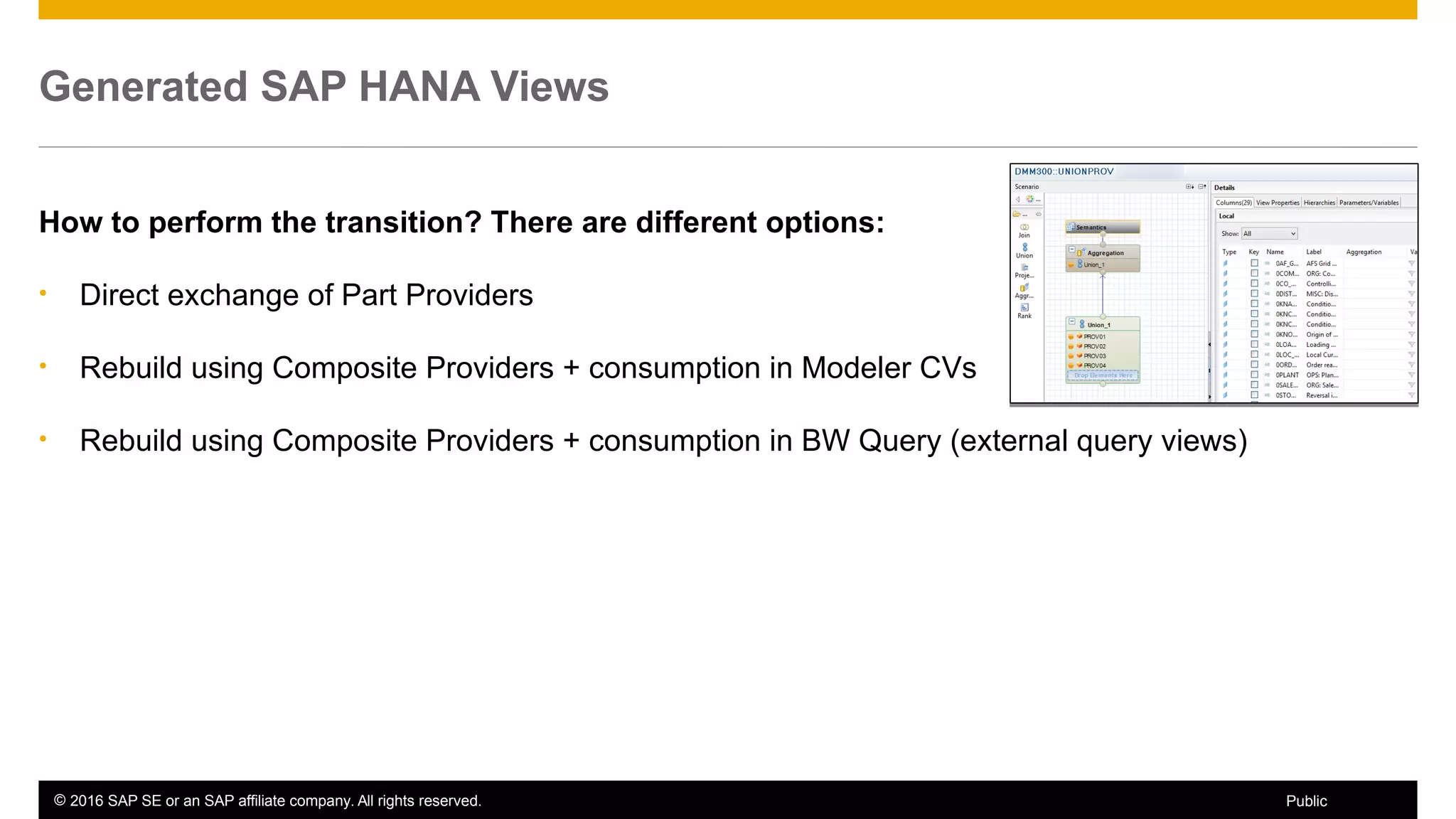 © 2016 SAP SE or an SAP affiliate company. All rights reserved. 34Public
Generated SAP HANA Views
How to perform the transition? There are different options:
• Direct exchange of Part Providers
• Rebuild using Composite Providers + consumption in Modeler CVs
• Rebuild using Composite Providers + consumption in BW Query (external query views)
 