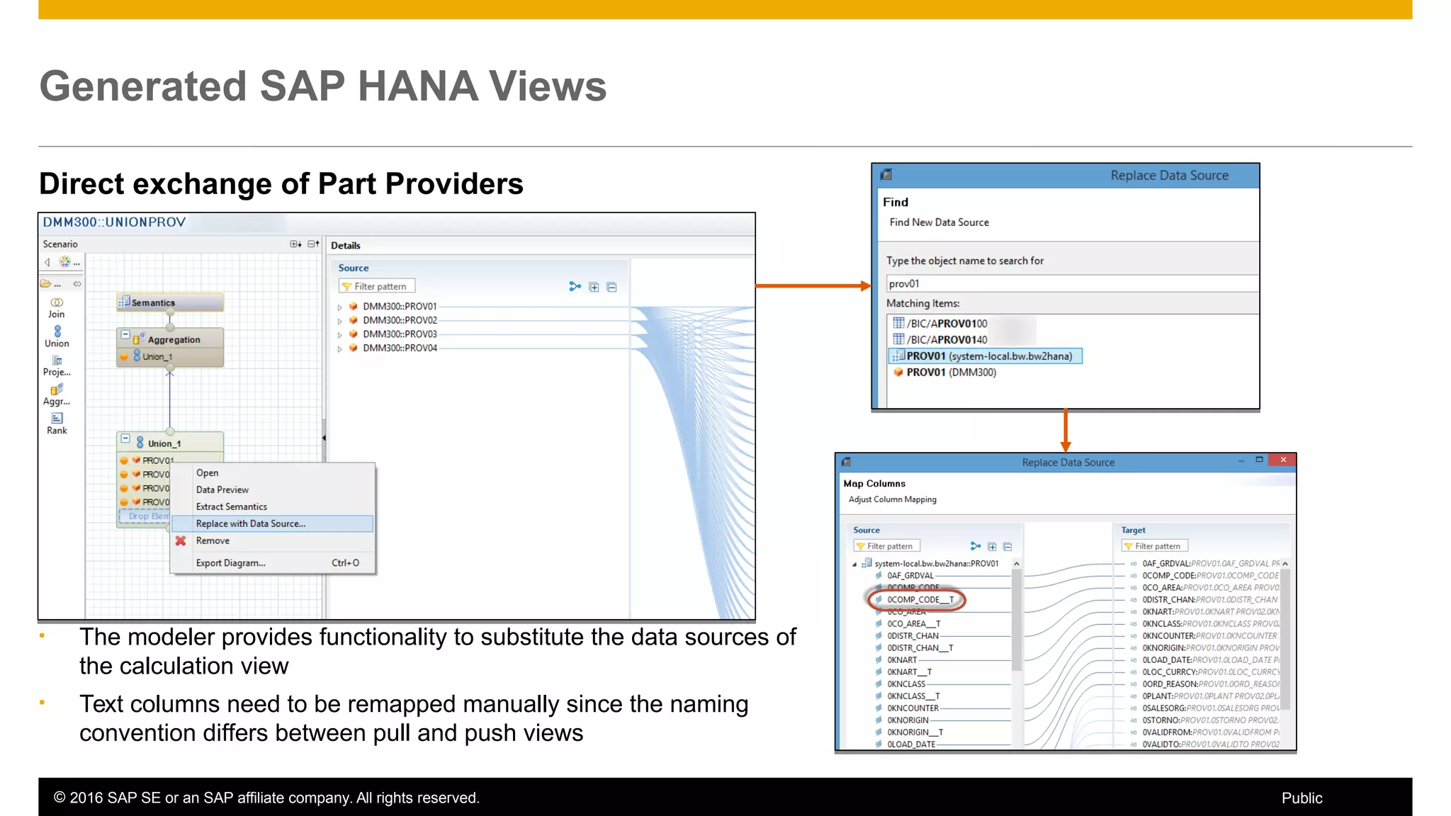 © 2016 SAP SE or an SAP affiliate company. All rights reserved. 35Public
Generated SAP HANA Views
Direct exchange of Part Providers
• The modeler provides functionality to substitute the data sources of
the calculation view
• Text columns need to be remapped manually since the naming
convention differs between pull and push views
 