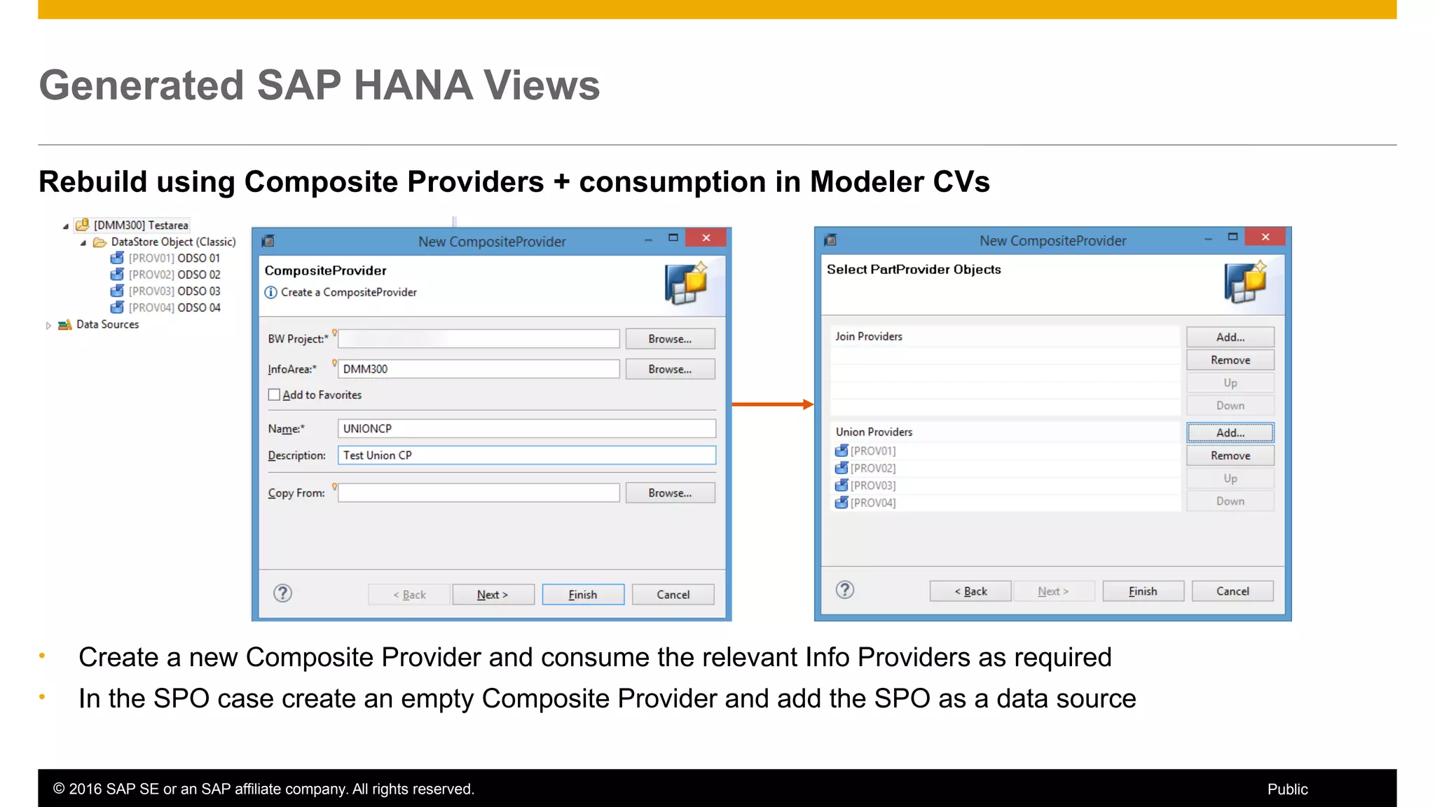 © 2016 SAP SE or an SAP affiliate company. All rights reserved. 37Public
Generated SAP HANA Views
Rebuild using Composite Providers + consumption in Modeler CVs
• Create a new Composite Provider and consume the relevant Info Providers as required
• In the SPO case create an empty Composite Provider and add the SPO as a data source
 