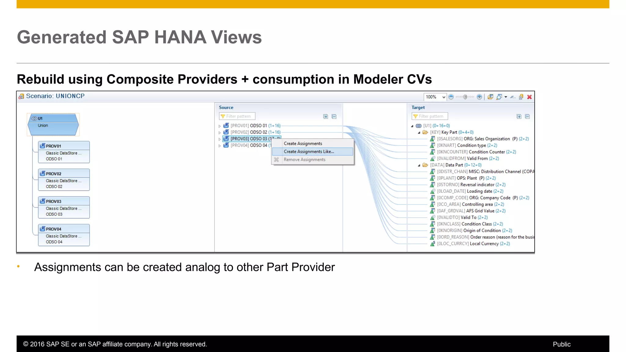 © 2016 SAP SE or an SAP affiliate company. All rights reserved. 38Public
Generated SAP HANA Views
Rebuild using Composite Providers + consumption in Modeler CVs
• Assignments can be created analog to other Part Provider
 