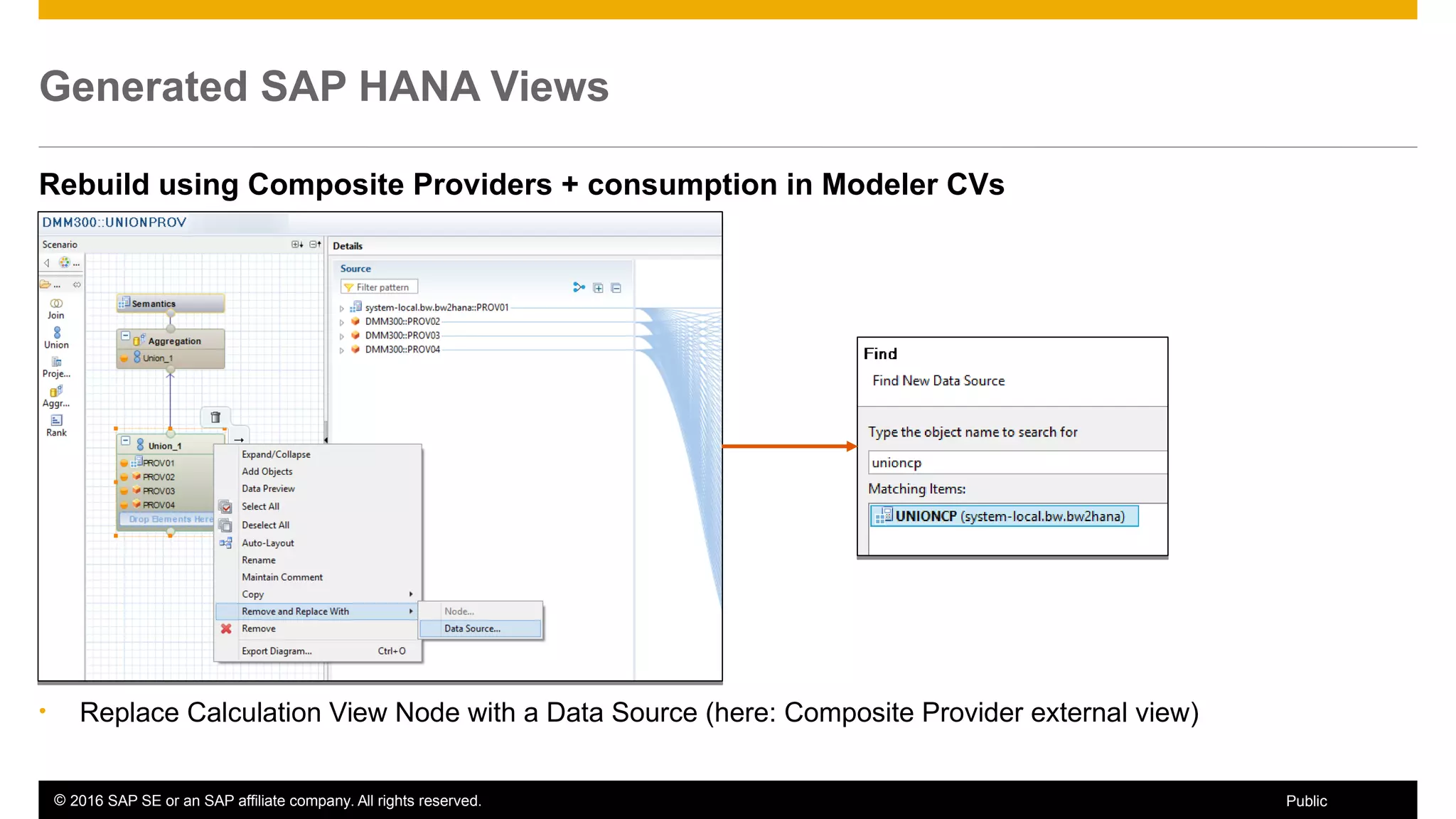 © 2016 SAP SE or an SAP affiliate company. All rights reserved. 41Public
Generated SAP HANA Views
Rebuild using Composite Providers + consumption in Modeler CVs
• Replace Calculation View Node with a Data Source (here: Composite Provider external view)
 