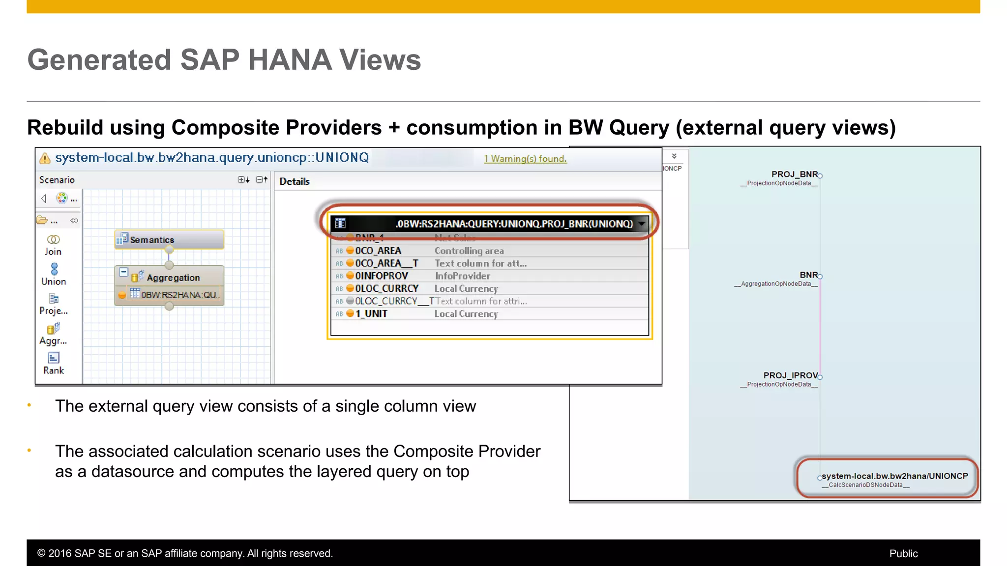 © 2016 SAP SE or an SAP affiliate company. All rights reserved. 45Public
Generated SAP HANA Views
Rebuild using Composite Providers + consumption in BW Query (external query views)
• The external query view consists of a single column view
• The associated calculation scenario uses the Composite Provider
as a datasource and computes the layered query on top
 