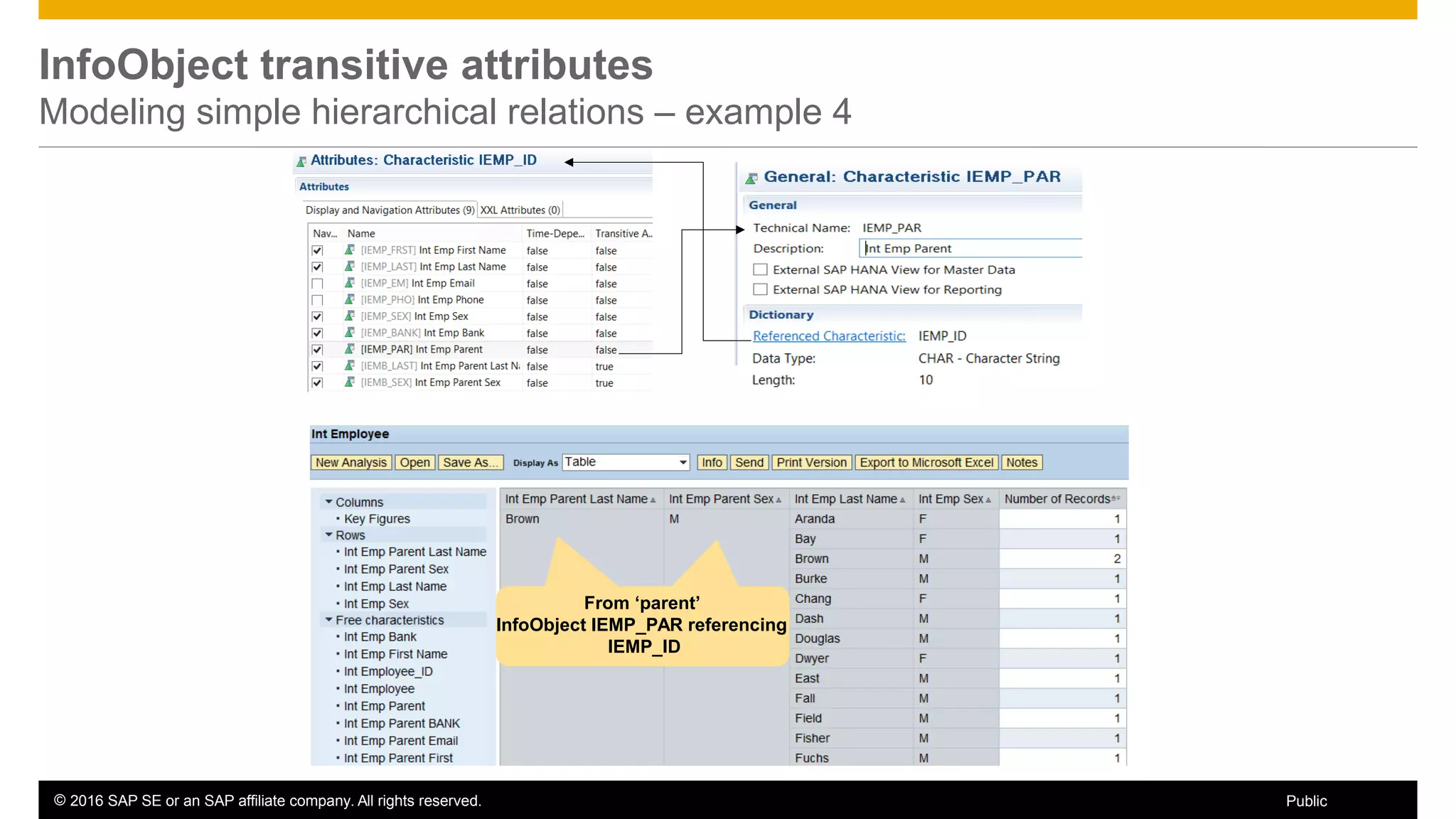 © 2016 SAP SE or an SAP affiliate company. All rights reserved. 32Public
InfoObject transitive attributes
Modeling simple hierarchical relations – example 4
From ‘parent’
InfoObject IEMP_PAR referencing
IEMP_ID
 