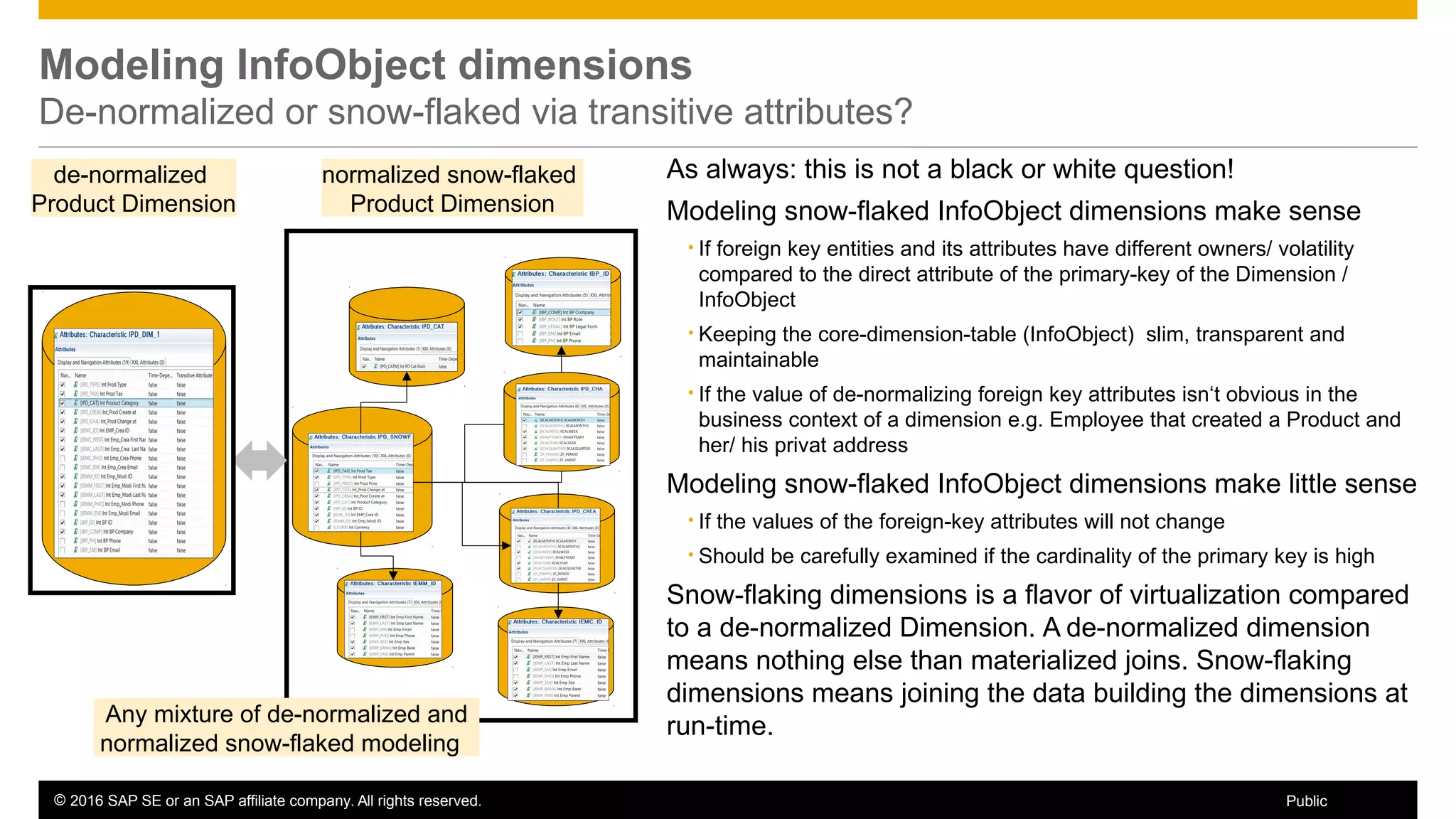 © 2016 SAP SE or an SAP affiliate company. All rights reserved. 34Public
Modeling InfoObject dimensions
De-normalized or snow-flaked via transitive attributes?
de-normalized
Product Dimension
normalized snow-flaked
Product Dimension
Any mixture of de-normalized and
normalized snow-flaked modeling
As always: this is not a black or white question!
Modeling snow-flaked InfoObject dimensions make sense
• If foreign key entities and its attributes have different owners/ volatility
compared to the direct attribute of the primary-key of the Dimension /
InfoObject
• Keeping the core-dimension-table (InfoObject) slim, transparent and
maintainable
• If the value of de-normalizing foreign key attributes isn‘t obvious in the
business context of a dimension e.g. Employee that created a Product and
her/ his privat address
Modeling snow-flaked InfoObject dimensions make little sense
• If the values of the foreign-key attributes will not change
• Should be carefully examined if the cardinality of the primary key is high
Snow-flaking dimensions is a flavor of virtualization compared
to a de-normalized Dimension. A de-normalized dimension
means nothing else than materialized joins. Snow-flaking
dimensions means joining the data building the dimensions at
run-time.
 