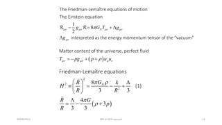 04/08/2015 DM as QCD vacuum 14
1
8
2
interpreted as the energy momentum tensor o
The Friedman-Lemaître equations of motion
The Ei
f the "vacuum
nstein equatio
"
n
Ng G T g
g
   

   L
L
 
Matter content of the universe, perfect fluid
T pg p u u      
 
2
2
2
8
3 3
4
3
3 3
Friedman-Lemaître equations
(1)NGR k
H
R R
R G
p
R
 


  L
    
 
L
  
 