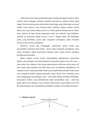 Akibat hal tersebut maka pengkompensasian terhadap peningkatan glukosa dalam
sirkulasi darah terganggu hasilnnya terjadilah hiperglikemia (glukosa dalam darah
tinggi). Jika konsentrasi gukosa dalam darah cukup tinggi, ginjal tidak dapat menyerap
kembali semua glukosa yang tersaring keluar, akibatnya glukosa tersebut muncul
dalam urine yang disebut dengan glukosuria. Ketika glukosa diekskresikan ke dalam
urine, ekskresi ini akan disertai pengeluaran cairan dan elektrolit yang berlebihan.
Keadaan ini dinamakan dengan diuresis osmotic. Sebagai akibat dari kehilangan
cairan yang berlebihan, pasien akan mengalami peningkatan dalam berkemih
(poliuria) dan rasa haus ( polidipsia).
Defesiensi insulin juga mengganggu metabolisme protein lemak yang
menyebabkan penurunan berat badan. Pasien dapat mengalami peningkatan selera
makan (polifaglia) akibat menurunnya simpanan kalori. Gejala lainnya mencakup
kelelahan dan kelemahan.
Dalam keadaan normal insulin mengendalikan glikogenolisis (pemecahan
glukosa yang disimpan) dan glukoneogenesis (pemecahan glukosa baru dari asam –
asam amino serta substansi lain), namun pada penderita defiisiensi insulin proses ini
akan terjadi tanpa hambatan dan lebih lanjut turut menimbulkan hiperglikemia. Di
samping itu akan terjadi pemecahan lemak yang mengakibatkan produksi badan keton
yang merupakan produk samping pemecahan lemak. Badan keton merupakan asam
yang menggaanggu keseimbangan asam – basa tubuh apabila jumlahnya berlebihan.
Ketoasidosis diabetic yang diakibatkannya dapat menyebabkan tanda – tanda dan
gejala seperti nyeri abdomen, mual, muntah, hiperventilasi, napas berbau aseton dan
bila tidak ditangani akan menimbulkan perubahan kesadaran, koma bahkan kematian.2
2. Diabetes Type II
Diabetes Mellitus type II
14
 