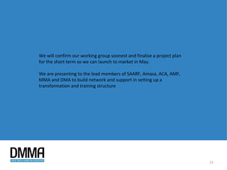 LAUNCH CAMPAIGN:
• Find out the size of the industry

• Look at Old Friends Young Talent (OFYT) an initiative
  that wants to transform the ad industry from the
  bottom up.

• Establish a "Google Engage" type website where
  members can find resources and study online, with
  an online exam to be done where they can get
  accreditations (and future employees can cross
  check accreditations).

• Schools presented for consideration include:
  Bhukulani Secondary School in Soweto, Glendale
  Secondary School in Mitchells Plain and
  Masiphumelele High School in Fish Hoek




                                                          22
 