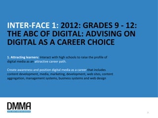 INTER-FACE 1: 2012: GRADES 9 - 12:
THE ABC OF DIGITAL: ADVISING ON
DIGITAL AS A CAREER CHOICE
1. Attracting learners: Interact with high schools to raise the profile of
digital media as an attractive career path.

Create awareness and position digital media as a career that includes
content development, media, marketing, development, web sites, content
aggregation, management systems, business systems and web design




                                                                             7
 