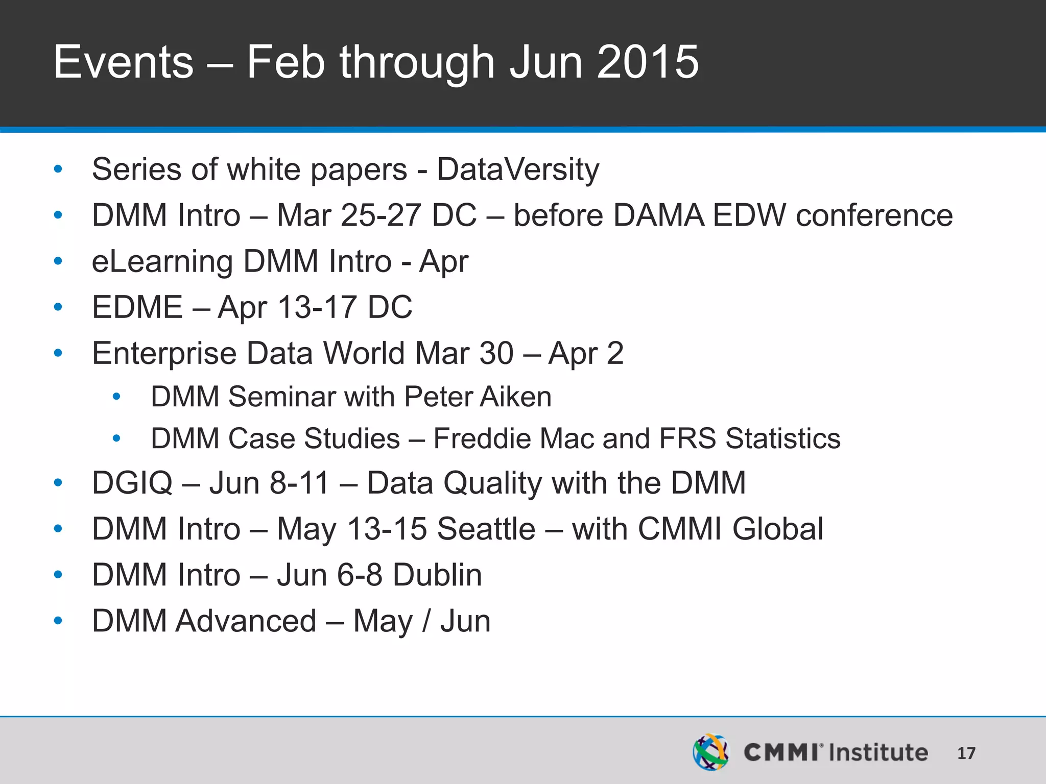 17
Events – Feb through Jun 2015
• Series of white papers - DataVersity
• DMM Intro – Mar 25-27 DC – before DAMA EDW conference
• eLearning DMM Intro - Apr
• EDME – Apr 13-17 DC
• Enterprise Data World Mar 30 – Apr 2
• DMM Seminar with Peter Aiken
• DMM Case Studies – Freddie Mac and FRS Statistics
• DGIQ – Jun 8-11 – Data Quality with the DMM
• DMM Intro – May 13-15 Seattle – with CMMI Global
• DMM Intro – Jun 6-8 Dublin
• DMM Advanced – May / Jun
 