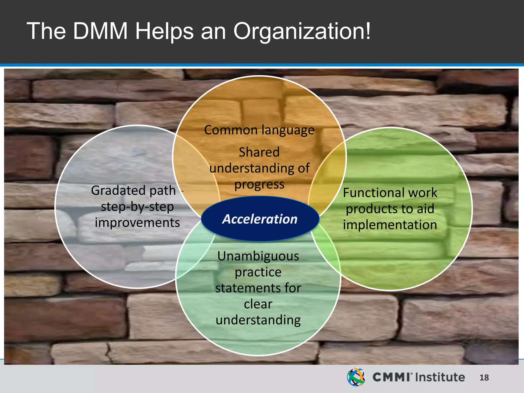 18
The DMM Helps an Organization!
Gradated path -
step-by-step
improvements
Unambiguous
practice
statements for
clear
understanding
Functional work
products to aid
implementation
Common language
Shared
understanding of
progress
Acceleration
 