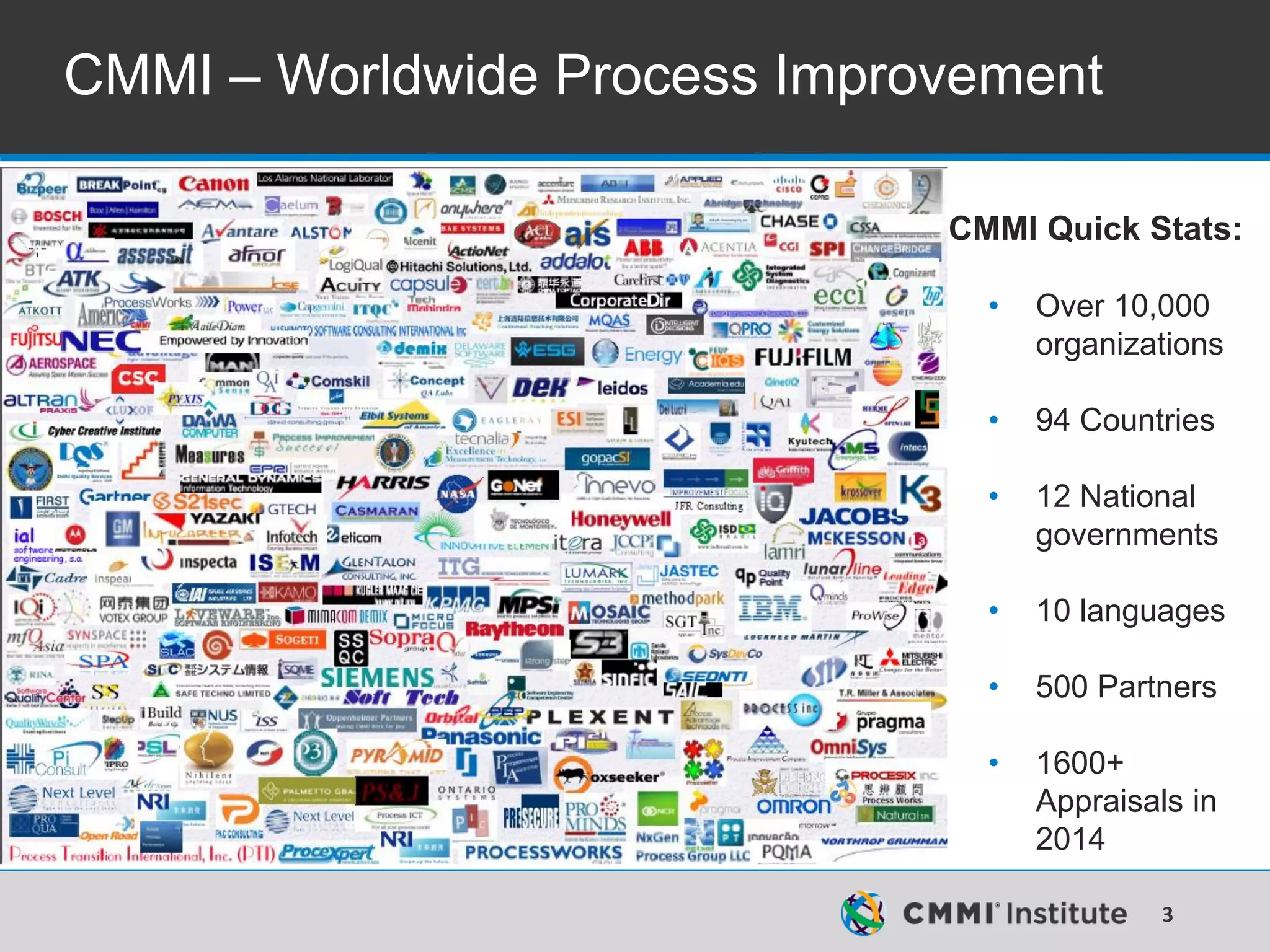 3
CMMI – Worldwide Process Improvement
CMMI Quick Stats:
• Over 10,000
organizations
• 94 Countries
• 12 National
governments
• 10 languages
• 500 Partners
• 1600+
Appraisals in
2014
 