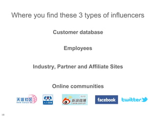 Where you find these 3 types of influencers

                   Customer database

                       Employees


           Industry, Partner and Affiliate Sites


                  Online communities




18
 