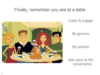 Finally, remember you are at a table

                                Listen & engage


                                  Be genuine


                                  Be positive


                                Add value to the
                                  conversation

25
 