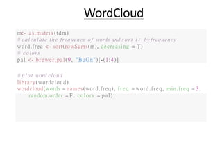 WordCloud
m<- as.matrix(tdm)
# calculate the frequency of words and sort i t by frequency
word.freq <- sort(rowSums(m), decreasing = T)
# colors
pal <- brewer.pal(9, "BuGn")[-(1:4)]
# plot word cloud
library(wordcloud)
wordcloud(words = names(word.freq), freq = word.freq, min.freq = 3 ,
random.order = F, colors = pa l )
 