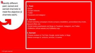 © All rights reserved
2
1. Paid:
• Quora
• Google Adwords
• Twitter
• Facebook and Instagram
2. Owned:
• Email marketing campaigns include company newsletters, personalized drip emails,
discount offers, etc.
• Social media posts/tweets and blogs on Facebook, Instagram, and Twitter.
• KidMedics official website and KidMedics app.
3. Earned:
• Product reviews on YouTube, Google, social media, or blogs.
• Media coverage of products, services, or events
Identify different
paid, owned and
earned channels to
meet the objective (2
channels each).
1
 
