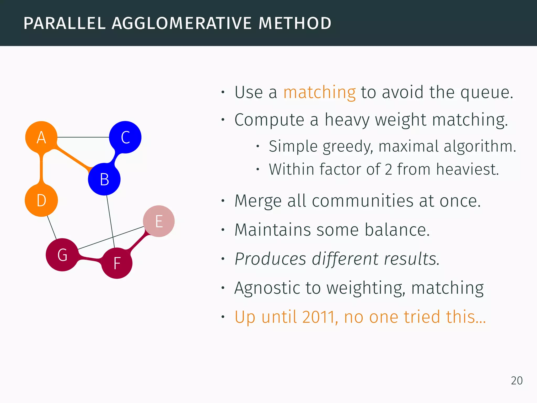 parallel agglomerative method
A
B
C
D
E
FG
C
D
G
• Use a matching to avoid the queue.
• Compute a heavy weight matching.
• Simple greedy, maximal algorithm.
• Within factor of 2 from heaviest.
• Merge all communities at once.
• Maintains some balance.
• Produces different results.
• Agnostic to weighting, matching
• Up until 2011, no one tried this...
20
 