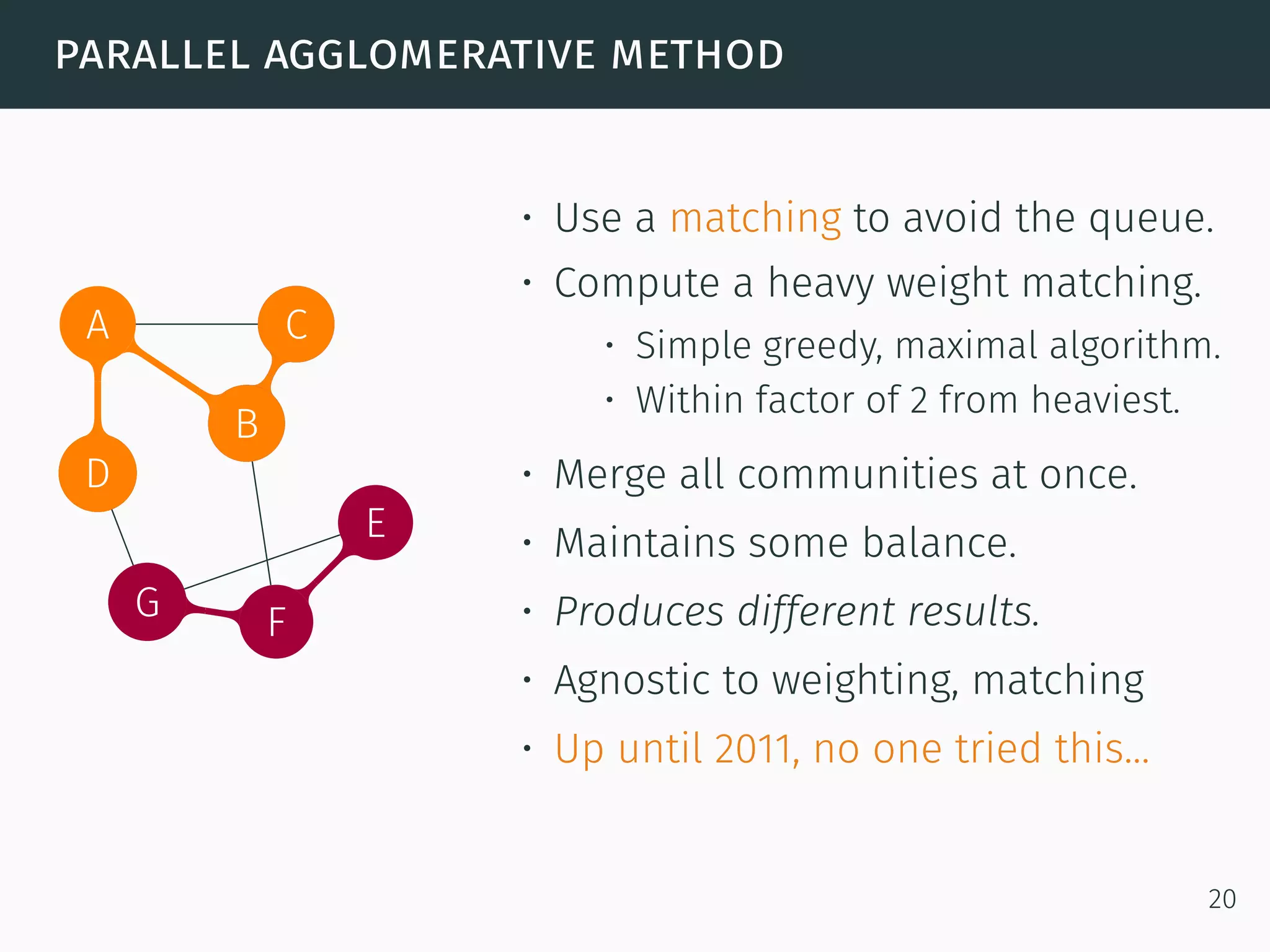 parallel agglomerative method
A
B
C
D
E
FG
C
D
G
E
B
C
• Use a matching to avoid the queue.
• Compute a heavy weight matching.
• Simple greedy, maximal algorithm.
• Within factor of 2 from heaviest.
• Merge all communities at once.
• Maintains some balance.
• Produces different results.
• Agnostic to weighting, matching
• Up until 2011, no one tried this...
20
 