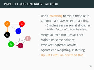 parallel agglomerative method
A
B
C
D
E
FG
• Use a matching to avoid the queue.
• Compute a heavy weight matching.
• Simple greedy, maximal algorithm.
• Within factor of 2 from heaviest.
• Merge all communities at once.
• Maintains some balance.
• Produces different results.
• Agnostic to weighting, matching
• Up until 2011, no one tried this...
20
 