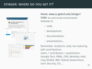 stinger: where do you get it?
Home: www.cc.gatech.edu/stinger/
Code: git.cc.gatech.edu/git/u/eriedy3/stinger.git/
Gateway to
• code,
• development,
• documentation,
• presentations...
Remember: Academic code, but maturing
with contributions.
Users / contributors / questioners:
Georgia Tech, PNNL, CMU, Berkeley, Intel,
Cray, NVIDIA, IBM, Federal Government,
Ionic Security, Citi, ...
29
 