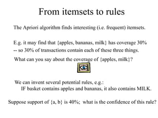 From itemsets to rules
The Apriori algorithm finds interesting (i.e. frequent) itemsets.
E.g. it may find that {apples, bananas, milk} has coverage 30%
-- so 30% of transactions contain each of these three things.
What can you say about the coverage of {apples, milk}?
We can invent several potential rules, e.g.:
IF basket contains apples and bananas, it also contains MILK.
Suppose support of {a, b} is 40%; what is the confidence of this rule?
 