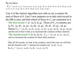 So we have
C2 = {{a, b}, {a, c}, {a, d}, {a, e}, {a, f}, {a, g}, {b, c}, {b, d}, {b, e}, {b, f}, {b, g}, {c, d},
{c, e}, {c, f}, {c, g}, {d, e}, {d, f}, {d, g}, {e, f}, {e, g}, {f, g}}
Line 4 of the Apriori algorithm now tells us set a counter for
each of these to 0. Line 5 now prepares us to take each record in
the DB in turn, and find which of those in C2 are contained in it.
The first record r1 is: {a, b, d, g}. Those of C2 it contains are:
{a, b}, {a, d}, {a, g}, {a, d}, {a, g}, {b, d}, {b, g}, {d, g}.
Hence Cr1 = {{a, b}, {a, d}, {a, g}, {a, d}, {a, g}, {b, d}, {b, g}, {d, g}}
and the rest of line 6 tells us to increment the counters of these itemsets.
The second record r2 is:{c, d, e}; Cr2 = {{c, d}, {c, e}, {d, e}},
and we increment the counters for these three itemsets.
…
After all 20 records, we look at the counters, and in this case we will find
that the itemsets with >= minsup (4) counters are: {a, d}, {c, e}.
So, L2 = {{a, c}, {a, d}, {c, d}, {c, e}, {c, f}}
 