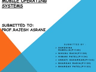 MOBILE OPERATING
SYSTEMS



SUBMITTED TO:
PROF.RAJESH ASRANI


                              SUBMITTED BY :
                      DAKSHINA
                       RAMOLIA(P1140)
                      NIKUNJ RACH(P1138)
                      H I M A N I PAT E L ( P 1 1 3 4 )
                      U N N AT I S A H A R K A R ( P 1 1 4 3 )
                      B H A R G AV R A D I A ( P 11 3 9 )
                      B H A R G AV PAT E L ( P 1 1 3 3 )
 