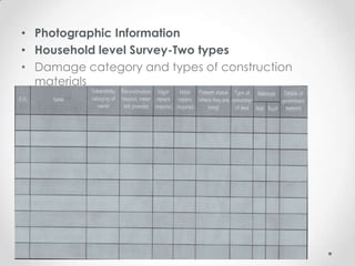 • Photographic Information
• Household level Survey-Two types
• Damage category and types of construction
  materials
 