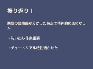振り返り１
問題の規模感が分かった時点で精神的に楽になっ
た
→洗い出し作業重要
→チュートリアル特性活かせた
 