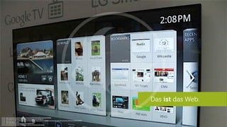 Das ist das Web.
Quelle: http://www.ﬂickr.com/photos/adactio/sets/72157627691092806/with/6153459388/
Quelle: http://www.androidtapp.com/preview-of-lg-google-tv/lg-google-tv/
Quelle: http://www.superiormediasolutions.net/engagement-levels-iphone-vs-ipad-know-thy-user-and-now-know-thy-device/#.UQfPMUpJbAA
Quelle: http://bydragonﬂy.com/
Quelle: http://www.ﬂickr.com/photos/kiwanja/3169447879
http://www.popphoto.com/gear/2012/05/ﬁrst-video-recorded-google-glasses
 