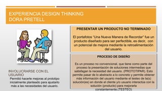 EXPERIENCIA DESIGN THINKING
DORA PRETELL
INVOLUCRARSE CON EL
USUARIO
Permitió hacerle mejoras al prototipo
inicialmente planteado para ajustarlo
más a las necesidades del usuario.
PRESENTAR UN PRODUCTO NO TERMINADO
El portafotos “Una Nueva Manera de Recordar” fue un
producto diseñado para ser perfectible, es decir, con
un potencial de mejora mediante la retroalimentación
del usuario.
PROCESO DE DISEÑO
Es un proceso no convencional, que tiene como parte del
proceso la presentación de soluciones intermedias que
satisfagan la necesidad del usuario. (PROTOTIPAR). Esto
permite pasar de lo abstracto a lo concreto y permite obtener
más información del usuario mediante el testeo de la(s)
solución(es) en donde el cliente y/o usuario interactúa con la
solución (producto) para mejorarla
constantemente.(TESTEO)
 