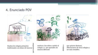 4. Enunciado POV
motivar a los niños a asistir al
colegio y a que aprenden de
manera diferente
Dueños de colegios primarios
tradicionales con deseo de innovar
que quieren destacar,
diferenciarse de otros colegios y
ser más rentables.
quenecesitan
debidoa
 