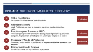 DINAMICA: QUE PROBLEMA QUIERO RESOLVER?
1
3
2
TRES Problemas
Escribe los 3 Problemas que mas te muevan
Redúcelos a DOS
Los 2 Problemas que mas te muevan y que creas puedas comunicar
mejor
Prepárate para Presentar UNO
Prepárate para presentar en máximo 30 segundos el problema que quieres
compartir. Represéntalo en la tarjeta con un dibujo y pégalo en tu pecho
4 minutos
5 minutos
4 Presenta y Vende el Problema
Presenta y busca vender tu problema a la mayor cantidad de personas con
empatía
15 minutos
5 Conformacion de Grupos
Formar Grupos de 4 o 5 por afinidad al problema
 