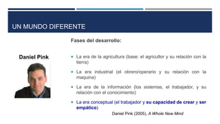 UN MUNDO DIFERENTE
Fases del desarrollo:
 La era de la agricultura (base: el agricultor y su relación con la
tierra)
 La era industrial (el obrero/operario y su relación con la
maquina)
 La era de la información (los sistemas, el trabajador, y su
relación con el conocimiento)
 La era conceptual (el trabajador y su capacidad de crear y ser
empático)
Daniel Pink
Daniel Pink (2005), A Whole New Mind
 