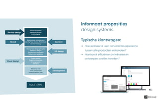 Informaat proposities
design systems
Typische klantvragen:
AGILE TEAMS
Brand values, principles and
identity, Tone of voice, Media bank,  
Content strategy
Channel and design principles
Reference designs
Structure and navigation
Patterns and guidelines
Digital identity
Pages and templates
Ul components
Elements
Reference code
(web, components)
Platform speciﬁc code
Service ecosystem,
personas, journeys
and dialogues
Service design
UX design
Brand
Visual design
Development
Content
‣ Hoe kan ik efficiënter ontwikkelen en
ontwerpers sneller inwerken?
‣ Hoe realiseer ik een consistente experience
tussen alle producten en kanalen?
 