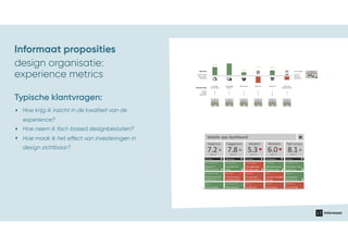 design organisatie:
experience metrics
Typische klantvragen:
Mobile app dashboard
Happiness
7.2Target = 8
All users
Survey Q1 2017 (n=154)
Rating:7.9
NPS score: 6.9
UX Lab release 17 (n=10)
Attractiveness:8
WOW factor: 7.2
App store
Financial apps
Adoption
5.3Target = 8
Germany
App usage data
12 new users
3 other products
Product landing page
136 page views
89 video views
First use pop-up
Rating:7/10
6 remarks
UX Lab release 17 (n=10)
First trade: 7 min.
Support:2x
Financial DB
10.340 Euro
123 Transactions
Task success
8.1Target = 8
All users
UX Lab release 17 (n=10)
First trade: 7 min.
Support:2x
Support desk
14 questions
Time: 45 min.
Usabilla feedback
3 new ratings
Retention
6.0Target = 8
Netherlands
App store
4 users uninstalled
the app
Financial DB
Lost revenue
501.405 Euro
Exit questionnaire(n=4)
Rating:5/10
2 remarks
App activity data
304 passive users
95 active users
Engagement
7.8Target = 8
Millennials
Twitter #productXYZ
34 tweets this
week
App usage data
54 users of last
release features
Survey Q1 2017 (n=154)
Top 5 features
rated 8.1
Financial DB
New revenue
10.1050 Euro
User forum
3 new threads
17 posts
‣ Hoe krijg ik inzicht in de kwaliteit van de
experience?
‣ Hoe neem ik fact-based designbesluiten?
‣ Hoe maak ik het effect van investeringen in
design zichtbaar?
Informaat proposities
 