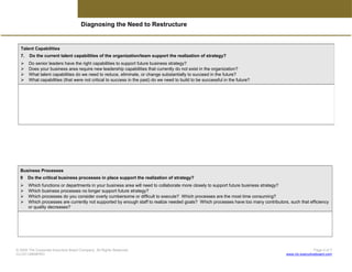 Diagnosing the Need to Restructure
Business Processes
9 Do the critical business processes in place support the realization of strategy?
 Which functions or departments in your business area will need to collaborate more closely to support future business strategy?
 Which business processes no longer support future strategy?
 Which processes do you consider overly cumbersome or difficult to execute? Which processes are the most time consuming?
 Which processes are currently not supported by enough staff to realize needed goals? Which processes have too many contributors, such that efficiency
or quality decreases?
© 2009 The Corporate Executive Board Company. All Rights Reserved. Page 4 of 7
CLC5114809PRO www.clc.executiveboard.com
Talent Capabilities
7. Do the current talent capabilities of the organization/team support the realization of strategy?
 Do senior leaders have the right capabilities to support future business strategy?
 Does your business area require new leadership capabilities that currently do not exist in the organization?
 What talent capabilities do we need to reduce, eliminate, or change substantially to succeed in the future?
 What capabilities (that were not critical to success in the past) do we need to build to be successful in the future?
 