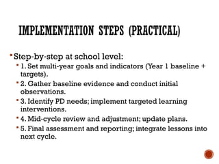 IMPLEMENTATION STEPS (PRACTICAL)
Step by step at school level:
‑ ‑
 1. Set multi year goals and indicators (Year 1 baseline +
‑
targets).
 2. Gather baseline evidence and conduct initial
observations.
 3. Identify PD needs; implement targeted learning
interventions.
 4. Mid cycle review and adjustment; update plans.
‑
 5. Final assessment and reporting; integrate lessons into
next cycle.
 