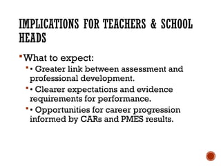 IMPLICATIONS FOR TEACHERS & SCHOOL
HEADS
What to expect:
• Greater link between assessment and
professional development.
• Clearer expectations and evidence
requirements for performance.
• Opportunities for career progression
informed by CARs and PMES results.
 