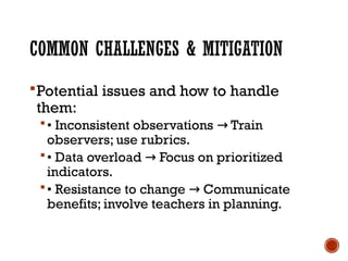 COMMON CHALLENGES & MITIGATION
Potential issues and how to handle
them:
• Inconsistent observations Train
→
observers; use rubrics.
• Data overload Focus on prioritized
→
indicators.
• Resistance to change Communicate
→
benefits; involve teachers in planning.
 