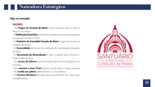 NorteadoresEstratégicos
16
Veja um exemplo:
VALORES
- Na Frágua do Coração de Maria somos formados para o amor a
Deus e ao próximo;
- A Celebração Eucarística é fonte de constante renovação da experiên-
cia pessoal com Jesus Cristo;
- O Santuário do Imaculado Coração de Maria é lugar de encontro e
unidade paroquial;
- As Comunidades são locais de irradiação da manifestação da graça
de Deus;
- O Sacramento da Reconciliação é meio constante para alcançar a
Misericórdia de Deus;
- No serviço da Palavra somos formados para sermos discípulos mis-
sionários;
- Para anunciar a Jesus Cristo faremos uso de todos os meios possíveis;
- No auxílio aos pobres testemunhamos o amor fraterno;
- O Carisma Claretiano faz parte das características da nossa ação
evangelizadora;
 