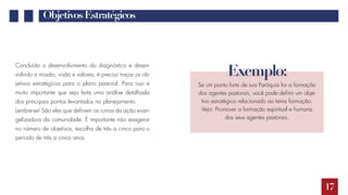 17
ObjetivosEstratégicos
Concluído o desenvolvimento do diagnóstico e desen-
volvido a missão, visão e valores, é preciso traçar os ob-
jetivos estratégicos para o plano pastoral. Para isso é
muito importante que seja feita uma análise detalhada
dos principais pontos levantados no planejamento.
Lembre-se! São eles que definem os rumos da ação evan-
gelizadora da comunidade. É importante não exagerar
no número de objetivos, escolha de três a cinco para o
período de três a cinco anos.
Se um ponto forte de sua Paróquia for a formação
dos agentes pastorais, você pode definir um obje-
tivo estratégico relacionado ao tema formação.
Veja: Promover a formação espiritual e humana
dos seus agentes pastorais.
Exemplo:
 