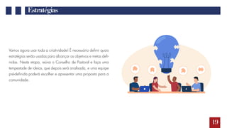 19
Estratégias
Vamos agora usar toda a criatividade! É necessário definir quais
estratégias serão usadas para alcançar os objetivos e metas defi-
nidas. Nesta etapa, reúna o Conselho de Pastoral e faça uma
tempestade de ideias, que depois será analisada, e uma equipe
pré-definida poderá escolher e apresentar uma proposta para a
comunidade.
 