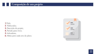 22
Composiçãodeumprojeto
1.Título;
2. Público-alvo;
3. Descrição do projeto;
4. Período para início;
5. Indicadores;
6. Metas para cada ano do plano;
 