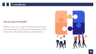 Consultoria
Acha que vai dar muito trabalho?
Podemos contar com o auxílio de profissionais para executar
todo esse processo. Há no Brasil uma empresa pioneira neste
tipo de serviço. Ela pode nos auxiliar com sua experiência.
28
 