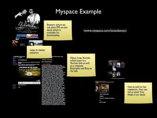 Myspace Example
                   Banners, where we
                   can place PPC on also
                   music which is                       (www.myspace.com/loisaidasnyc)
                   available for
                   downloading




Links to similar
websites

                                           Videos from Youtube
                                           which leads to a
                                           Youtube link as well
                                           as a company
                                           Biography and Blog on
                                           the side




                                                                                         fans as well as fan
                                                                                         comments, they can
                                                                                         tell us what they
                                                                                         think of our music
 
