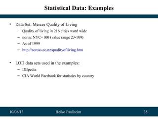 10/08/13 Heiko Paulheim 35
Statistical Data: Examples
• Data Set: Mercer Quality of Living
– Quality of living in 216 cities word wide
– norm: NYC=100 (value range 23-109)
– As of 1999
– http://across.co.nz/qualityofliving.htm
• LOD data sets used in the examples:
– DBpedia
– CIA World Factbook for statistics by country
 