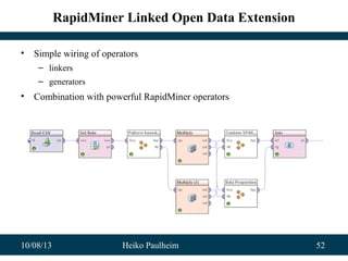 10/08/13 Heiko Paulheim 52
RapidMiner Linked Open Data Extension
• Simple wiring of operators
– linkers
– generators
• Combination with powerful RapidMiner operators
 