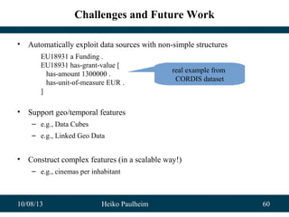 10/08/13 Heiko Paulheim 60
Challenges and Future Work
• Automatically exploit data sources with non-simple structures
EU18931 a Funding .
EU18931 has-grant-value [
has-amount 1300000 .
has-unit-of-measure EUR .
]
• Support geo/temporal features
– e.g., Data Cubes
– e.g., Linked Geo Data
• Construct complex features (in a scalable way!)
– e.g., cinemas per inhabitant
real example from
CORDIS dataset
 