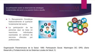 La participación social, es observando las estrategias
fundamentales del sector y su posición frente a aquella:
 1.- Recu...