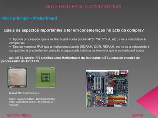 GESTÃO REDES  ESFPM Placa principal - Motherboard Quais os aspectos importantes a ter em consideração no acto da compra? Tipo de processador que a motherboard aceita (socket 478, 754,775, A, etc.) e se a velocidade é compatível Tipo de memória RAM que a motherboard aceita (SDRAM, DDR, RDRAM, etc.) e se a velocidade é compatível, é preciso ter em atenção a capacidade máxima de memória que a motherboard aceita ex: INTEL socket 775 significa uma Motherboard do fabricante INTEL para um encaixe de processador do TIPO 775 Socket 775:  Intel Pentium 4 Board: Gigabyte 8ANXP-DW (Intel 925XE)  RAM: Dual DDR2-533 to 711 (PC4300 to PC5700) 